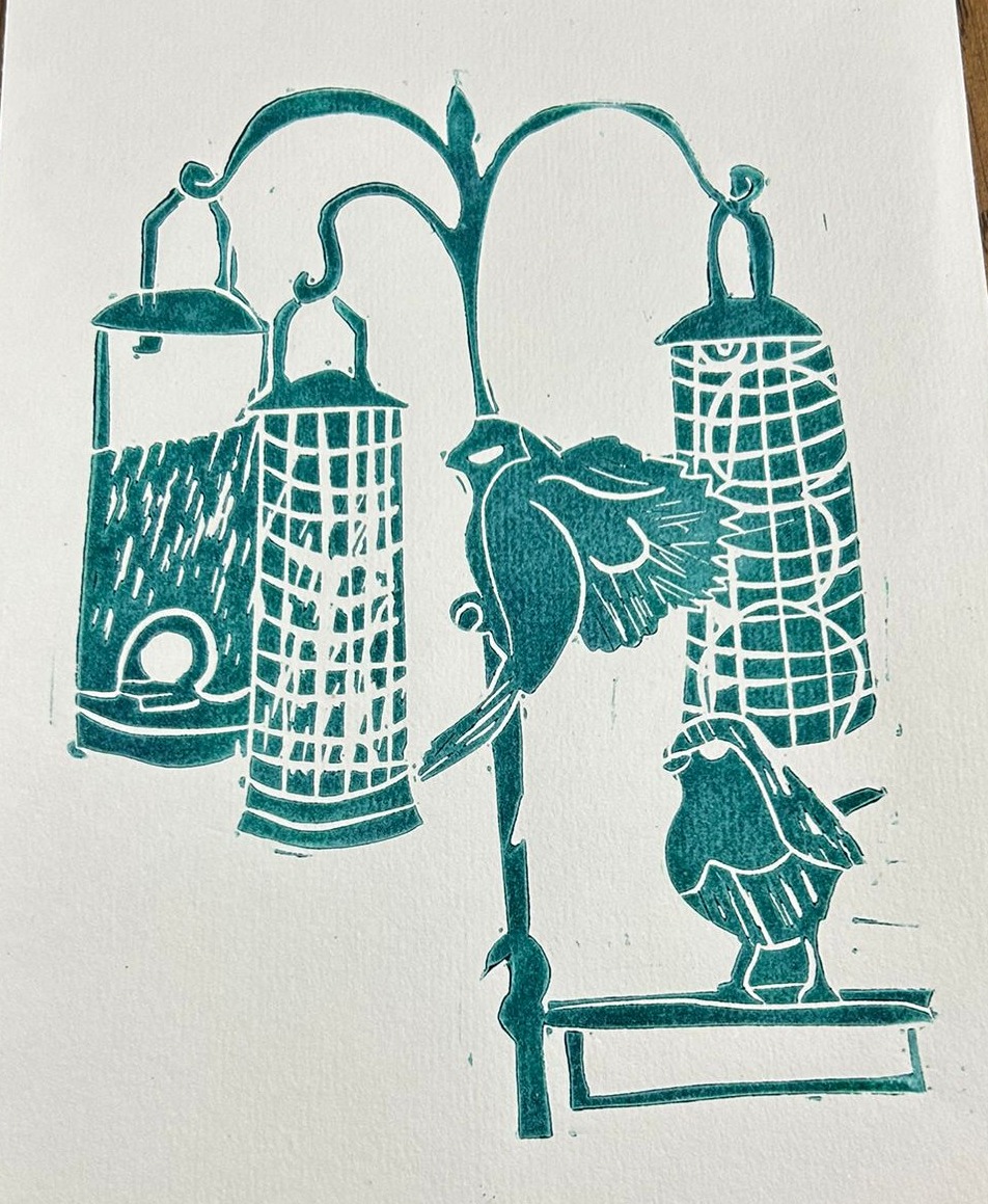 Bird Feeders lino print