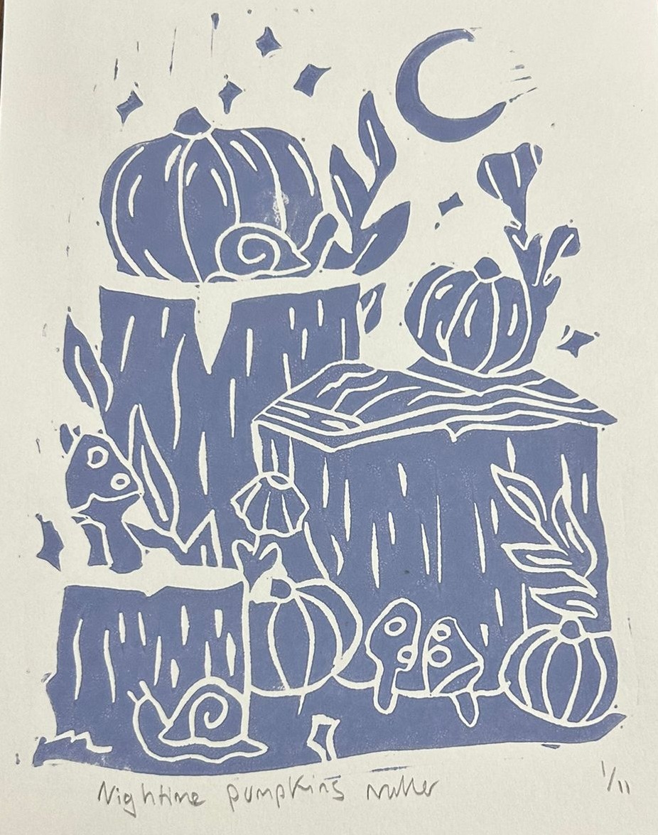 Moonlit Mushrooms lino print