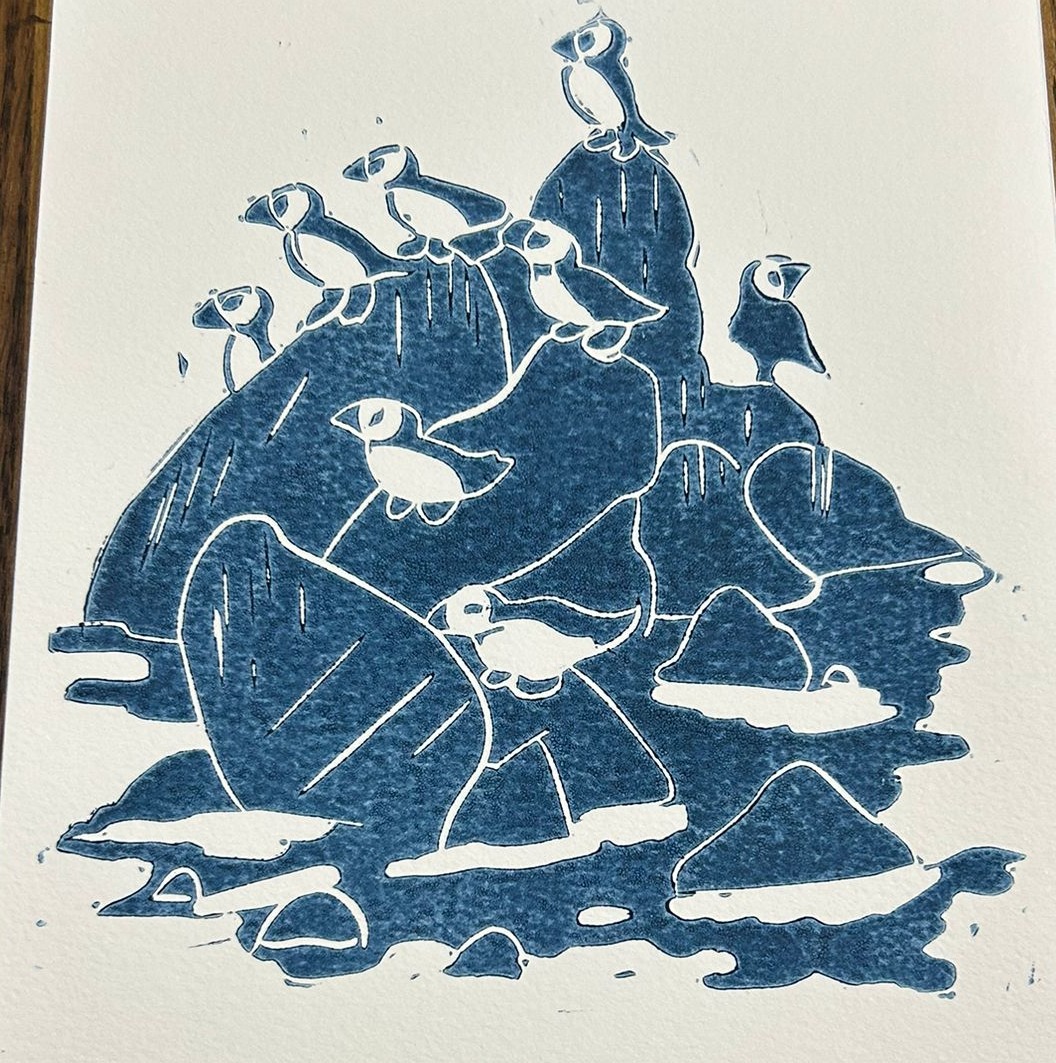 Puffins lino print