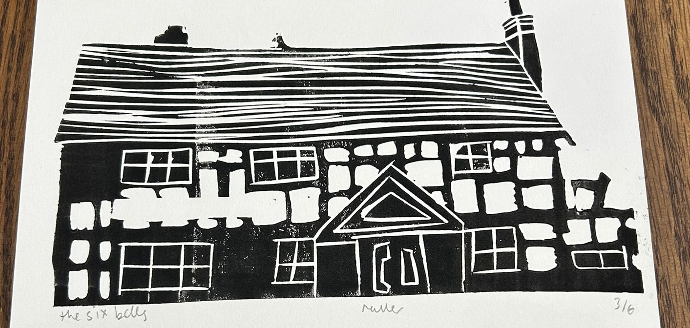 The Six Bells, Billingshurst lino print