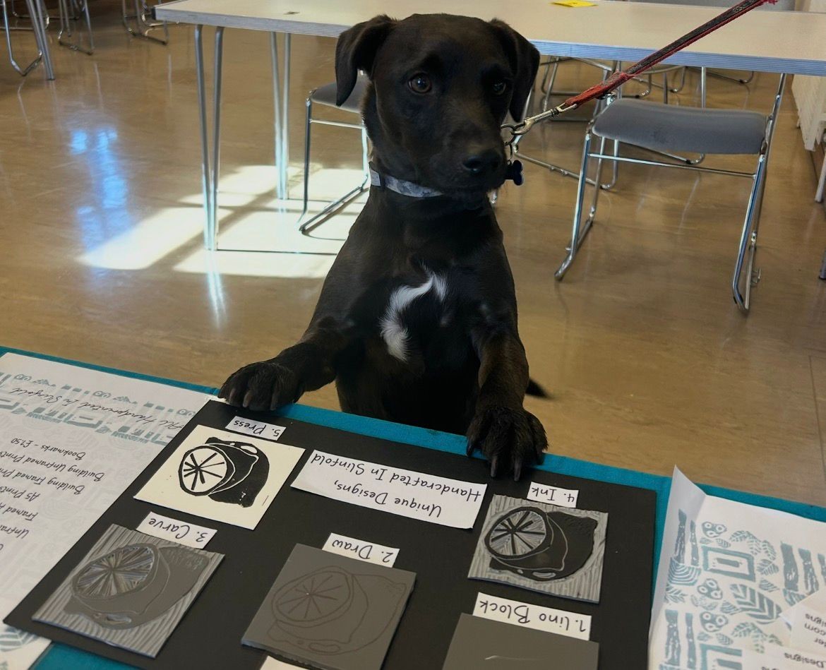 Frank, Ruby's dog and studio assistant, on the stall